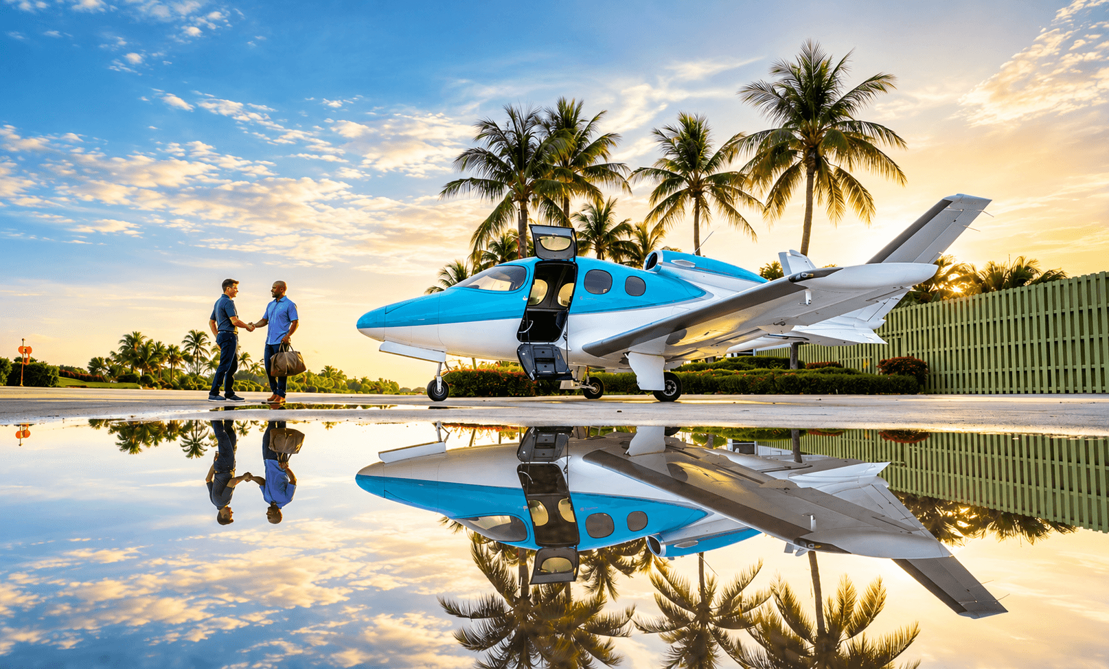 Two people shaking hands beside a light blue Cirrus Vision Jet SF50 on a wet ramp at sunrise, palms behind.