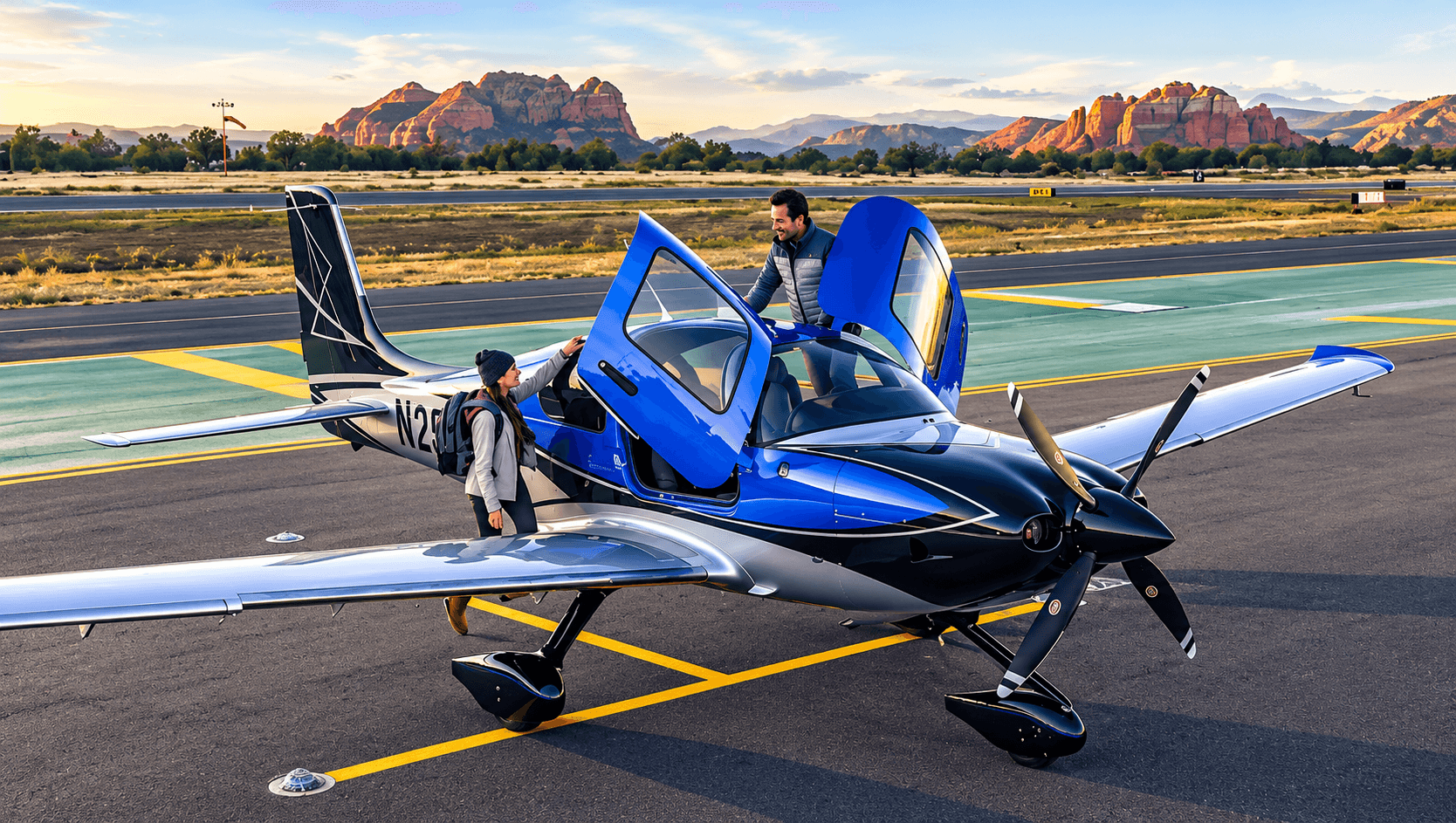 Two people at the open doors of a blue Cirrus SR22 on the ramp, red rock mountains behind.