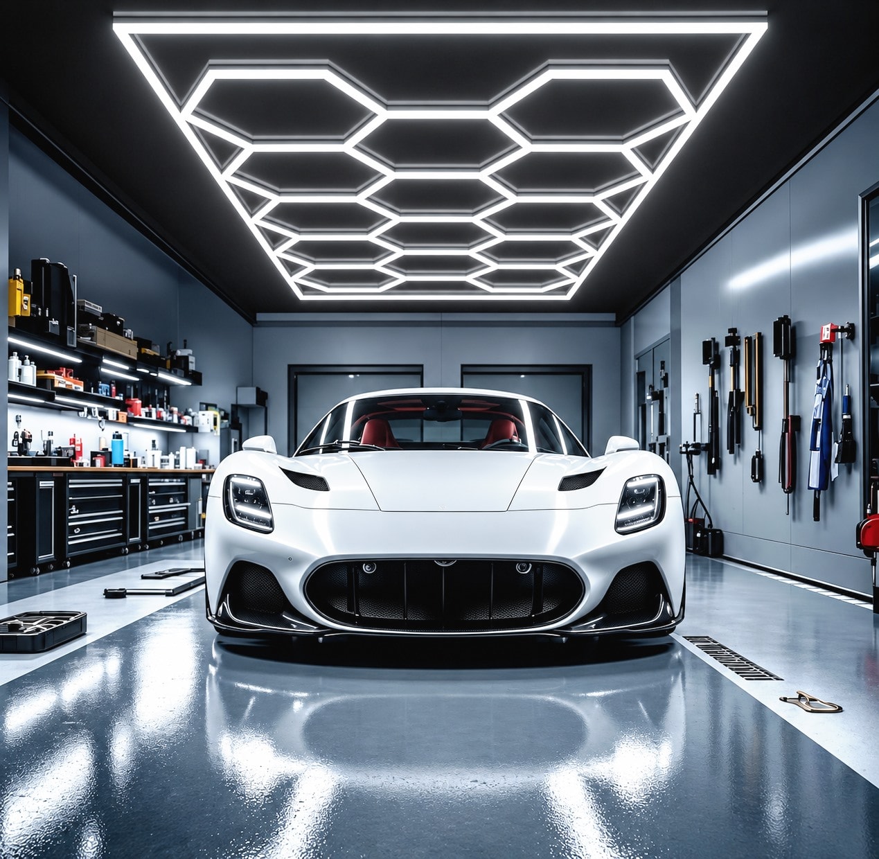 A supercar under hexagonal lighting in an installation bay.
