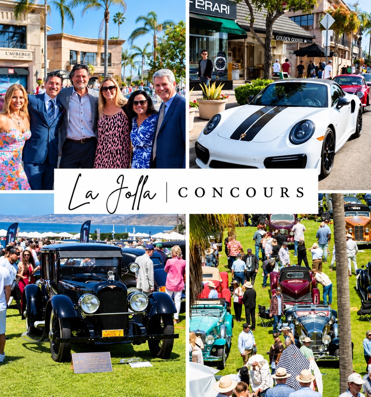 A four-panel collage banded with the words La Jolla Concours: guests together in the sunshine, a white Porsche on a shopping street, a black pre-war saloon on the lawn, and rows of classic cars with the crowd walking between them.